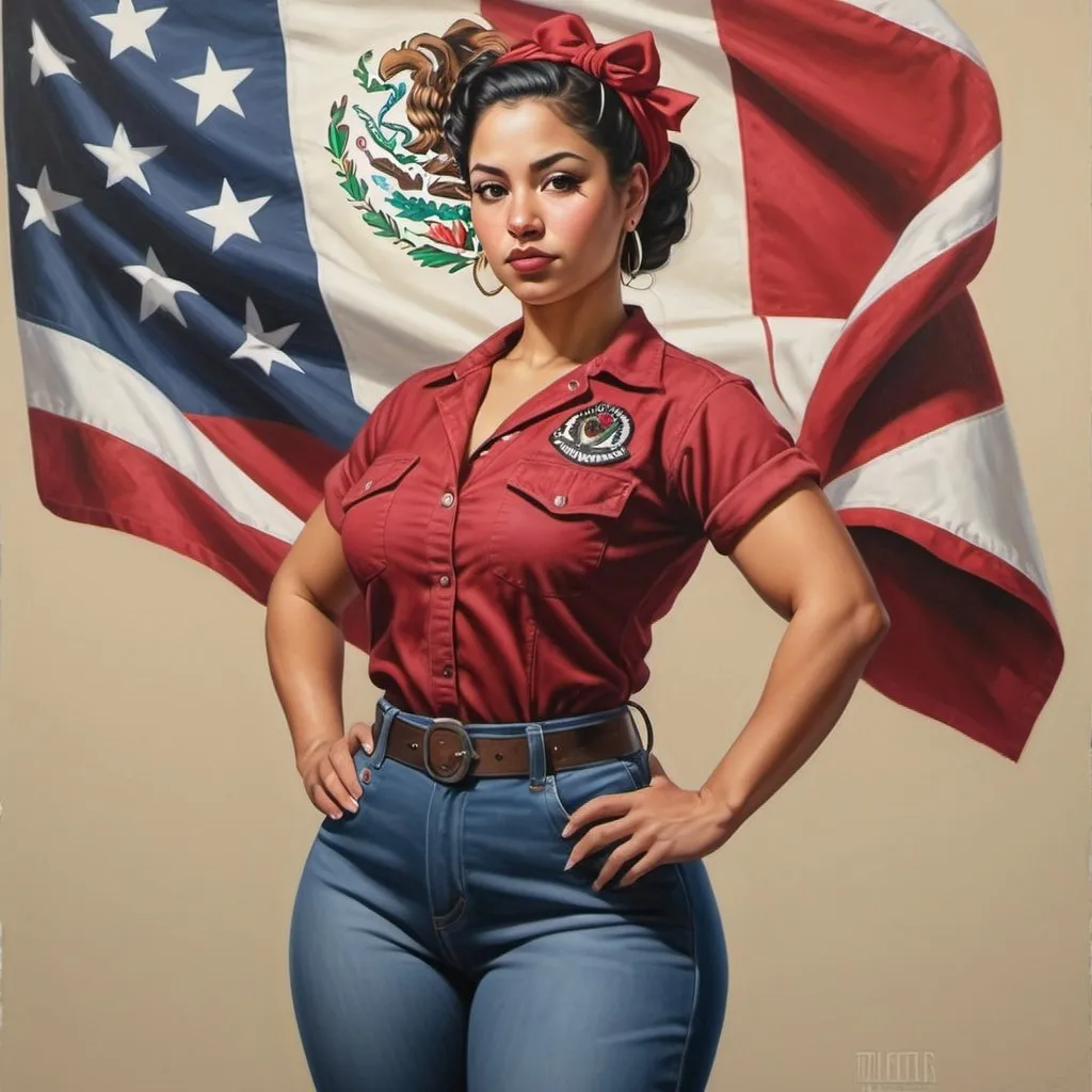 Prompt: full body portrait of Latina goddess with light skin, fit and thick figure, Mexican American, realistic painting, soft natural lighting, high quality, realistic, modern, detailed, rosy the riveter, war propaganda poster 