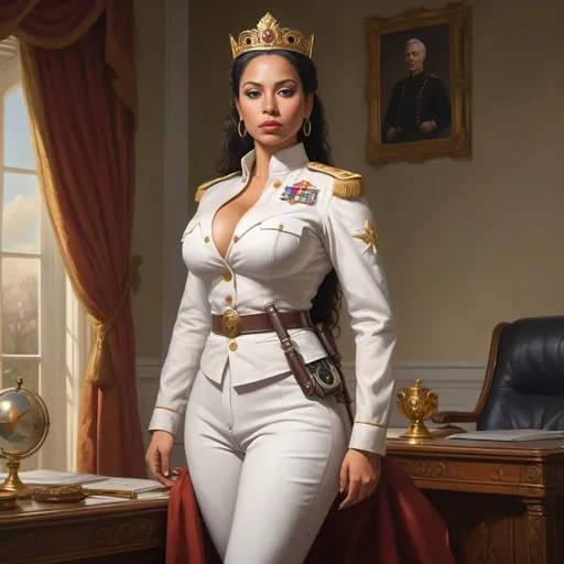 Prompt: full body portrait of Latina goddess general with light skin, fit and thick figure, realistic war painting, soft natural lighting, high quality, realistic, white house, detailed, civil war, government, war, protected by secret service