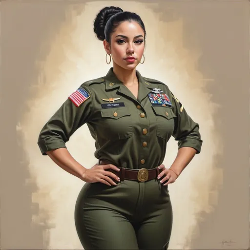 Prompt: full body portrait of Latina goddess with light skin, fit and thick figure, Mexican American, realistic painting, US military uniform, soft natural lighting, high quality, realistic, modern, detailed, black hair in slick bun