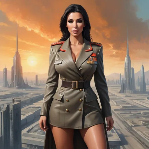 Prompt: full body portrait of kim kardashian wearing a modern military soviet ceremonial uniform, science fiction, strong and fit figure, realistic war painting, soft natural lighting, high quality, realistic, detailed, government, scifi, futuristic, large populated beautiful clean futuristic city in backdrop,