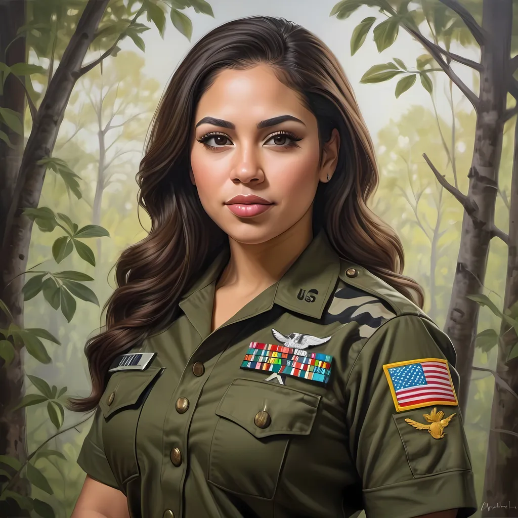 Prompt: full body portrait of Latina goddess with light skin, fit and thick figure, Mexican American, realistic painting, Woodland Camo US military uniform, soft natural lighting, high quality, realistic, modern, detailed, department portrait