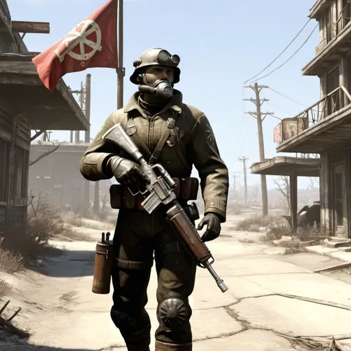 Prompt: Fallout 4 Soldier carrying a NCR Flag