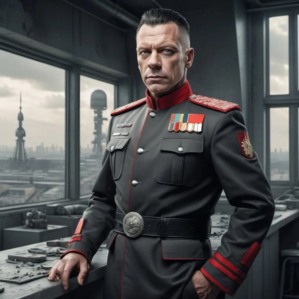 Prompt: full body portrait of Christoph Schneider of Rammstein wearing a modern military soviet ceremonial uniform, science fiction, strong and fit figure, realistic war painting, soft natural lighting, high quality, realistic, detailed, government, scifi, futuristic, large populated beautiful clean futuristic city in backdrop,