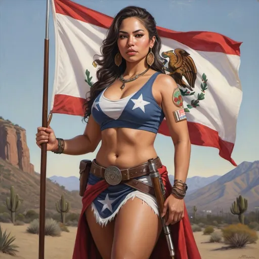 Prompt: full body portrait of Latina goddess with light skin, fit and thick figure, Mexican American, realistic painting, soft natural lighting, high quality, realistic, modern, detailed, militia clothes, holding staff with the California Republic Flag attached to it