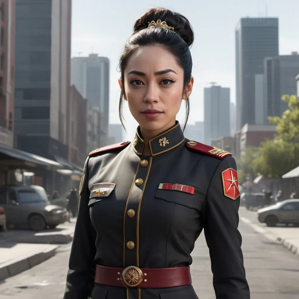 Prompt: full body portrait of Ella Lopez (Aimee Garcia from tv show lucifer) wearing a modern military soviet ceremonial uniform, hair in bun, science fiction, strong and fit figure, realistic war painting, soft natural lighting, high quality, realistic, detailed, government, scifi, futuristic, large populated beautiful clean futuristic city in backdrop,