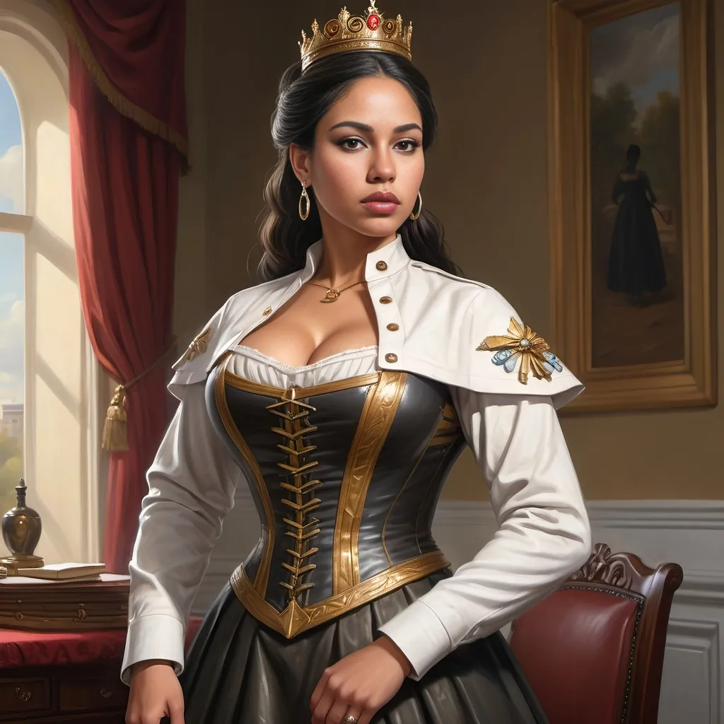 Prompt: full body portrait of Latina Queen with light skin, fit and thick figure, realistic war painting, soft natural lighting, high quality, realistic, detailed, civil war, military clothes, capitol building, war