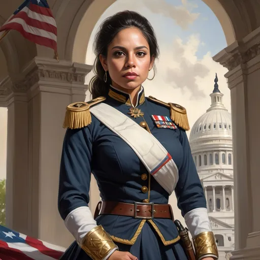 Prompt: full body portrait of Latina general with light skin, fit and thick figure, realistic painting, soft natural lighting, high quality, realistic, detailed, civil war, military clothes, flag bearer, Flag over capitol, War, 