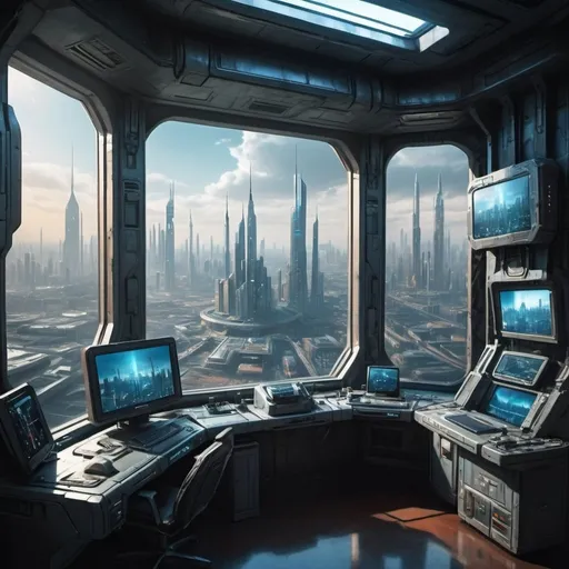 Prompt: wide angle view of Sci-fi cityscape high technology, from window of chamber, realistic painting, soft natural lighting, high quality, realistic, cyberpunk, military city, throne