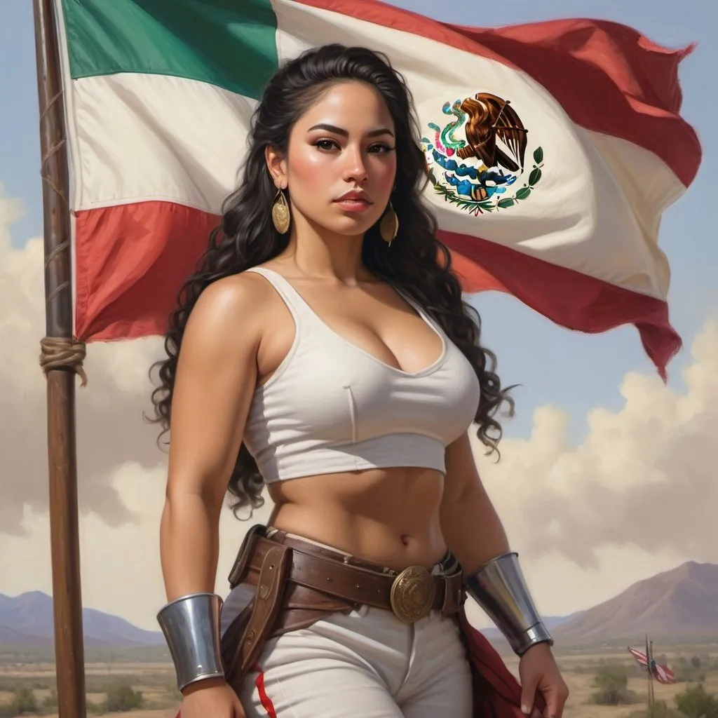 Prompt: full body portrait of Latina goddess with light skin, fit and thick figure, Mexican American, realistic painting, soft natural lighting, high quality, realistic, detailed, civil war, military clothes, flag bearer