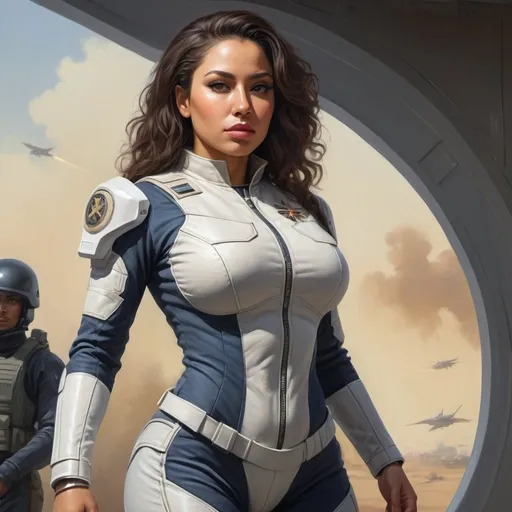 Prompt: full body portrait of Latina goddess futuristic military commander with light skin, fit and thick figure, hair professional realistic war painting, soft natural lighting, high quality, realistic, podium, detailed, civil war, government, war, scifi, futuristic, fully clothed