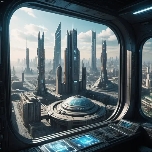 Prompt: wide angle view of Sci-fi cityscape high technology, from window of government chamber, realistic painting, soft natural lighting, high quality, realistic, cyberpunk, military city, throne, highly populated, 5th element movie, flying space craft, cyber city