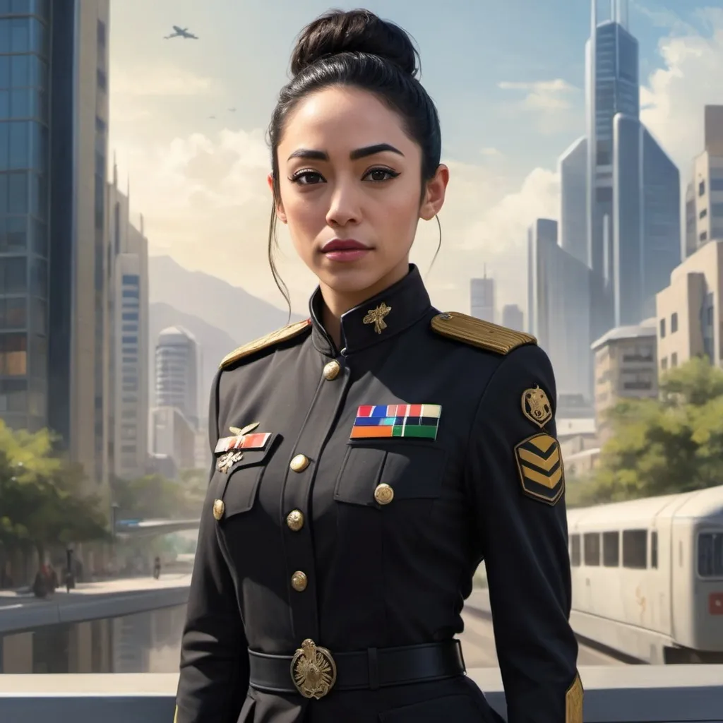 Prompt: full body portrait of Ella Lopez (Aimee Garcia from tv show lucifer) wearing a modern military german ceremonial uniform, hair in bun, science fiction, strong and fit figure, realistic war painting, soft natural lighting, high quality, realistic, detailed, government, scifi, futuristic, large populated beautiful clean futuristic city in backdrop,