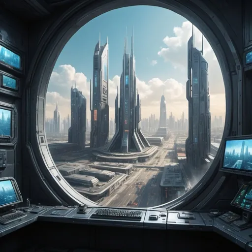 Prompt: wide angle view of Sci-fi cityscape high technology, from window of government chamber, realistic painting, soft natural lighting, high quality, realistic, cyberpunk, military city, throne