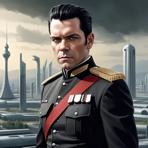 Prompt: full body portrait of Richard Kruspe, slicked back hair wearing a modern military german ceremonial uniform, science fiction, strong and fit figure, realistic war painting, soft natural lighting, high quality, realistic, detailed, government, scifi, futuristic, large populated beautiful clean futuristic city in backdrop,