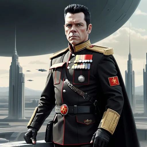 Prompt: full body portrait of Richard Kruspe wearing a modern military soviet ceremonial uniform, science fiction, strong and fit figure, realistic war painting, soft natural lighting, high quality, realistic, detailed, government, scifi, futuristic, large populated beautiful clean futuristic city in backdrop,