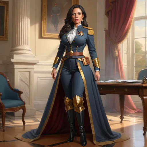 Prompt: full body portrait of Latina goddess president with light skin, fit and thick figure, realistic war painting, soft natural lighting, high quality, realistic, detailed, civil war, military clothes, capitol building, war