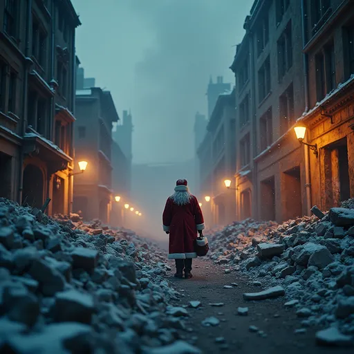 Prompt: (dramatic scene of the Battle of Berlin) reimagined during (Christmas), featuring (Santa Claus) amidst the ruins, delicate (snowfall), crumbling buildings, smoky skies, illuminated by flickering lights, somber yet surreal ambiance, (realistic depiction), vibrant colors contrasting with dark shadows, intense emotions of conflict, haunting memories of war, capturing a moment of contrast and resilience, (nighttime scene), 4K, ultra-detailed.