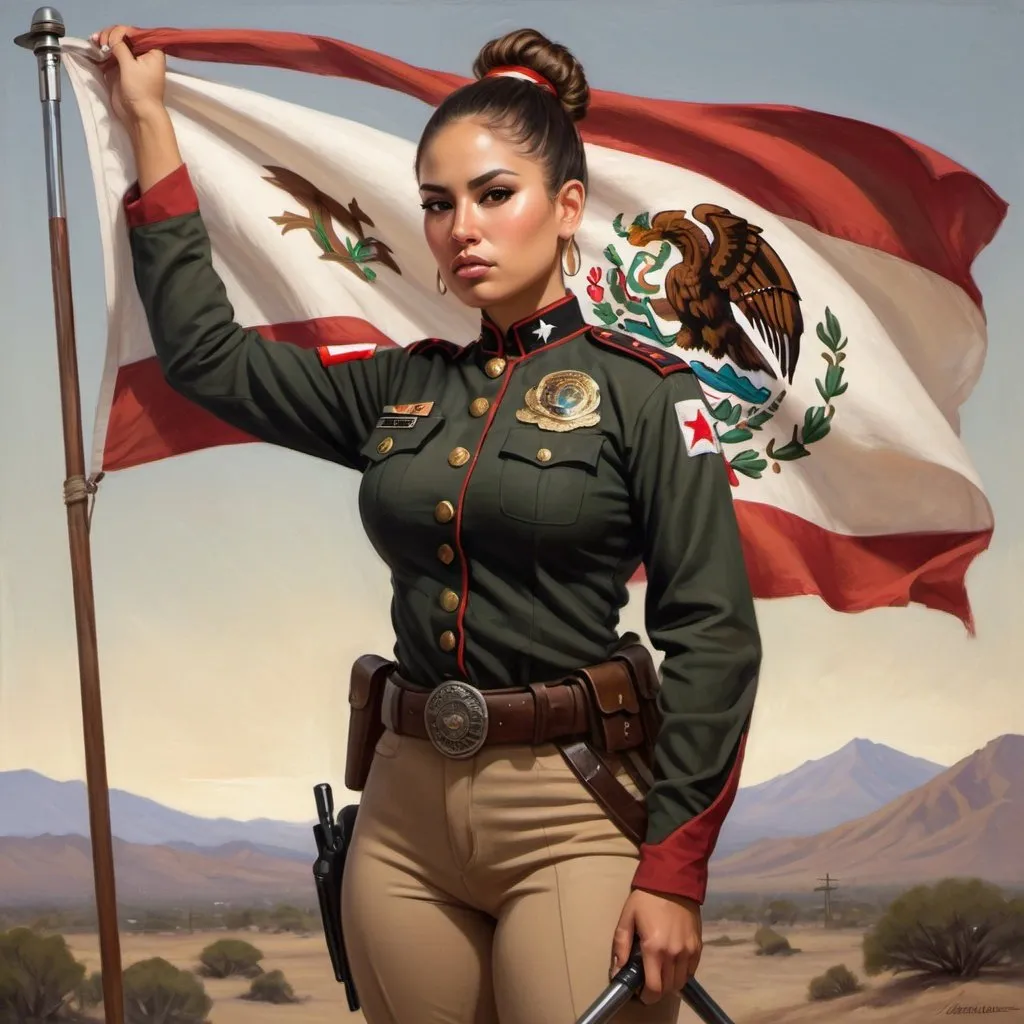 Prompt: full body portrait of Latina goddess with light skin, hair in single tight bun, fit and thick figure, Mexican American, realistic painting, military uniform, warm earthy tones, soft natural lighting, high quality, realistic, modern, detailed, carrying a pole with the California Republic flag attached, Militia, Civil War