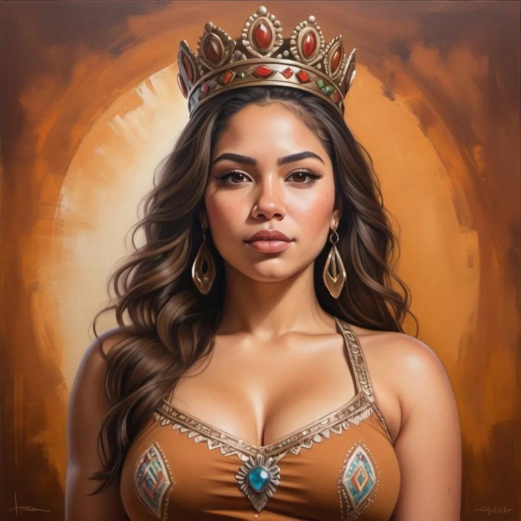 Prompt: Latina goddess with light skin, fit and thick figure, Mexican American, realistic painting, modern dress, metal crown, warm earthy tones, soft natural lighting, high quality, realistic, modern, detailed,