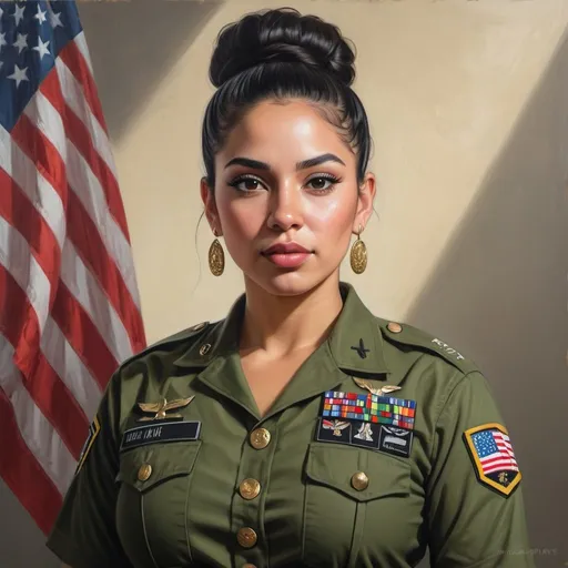 Prompt: full body portrait of Latina goddess with light skin, fit and thick figure, Mexican American, realistic painting, US military uniform, soft natural lighting, high quality, realistic, modern, detailed, black hair in military bun