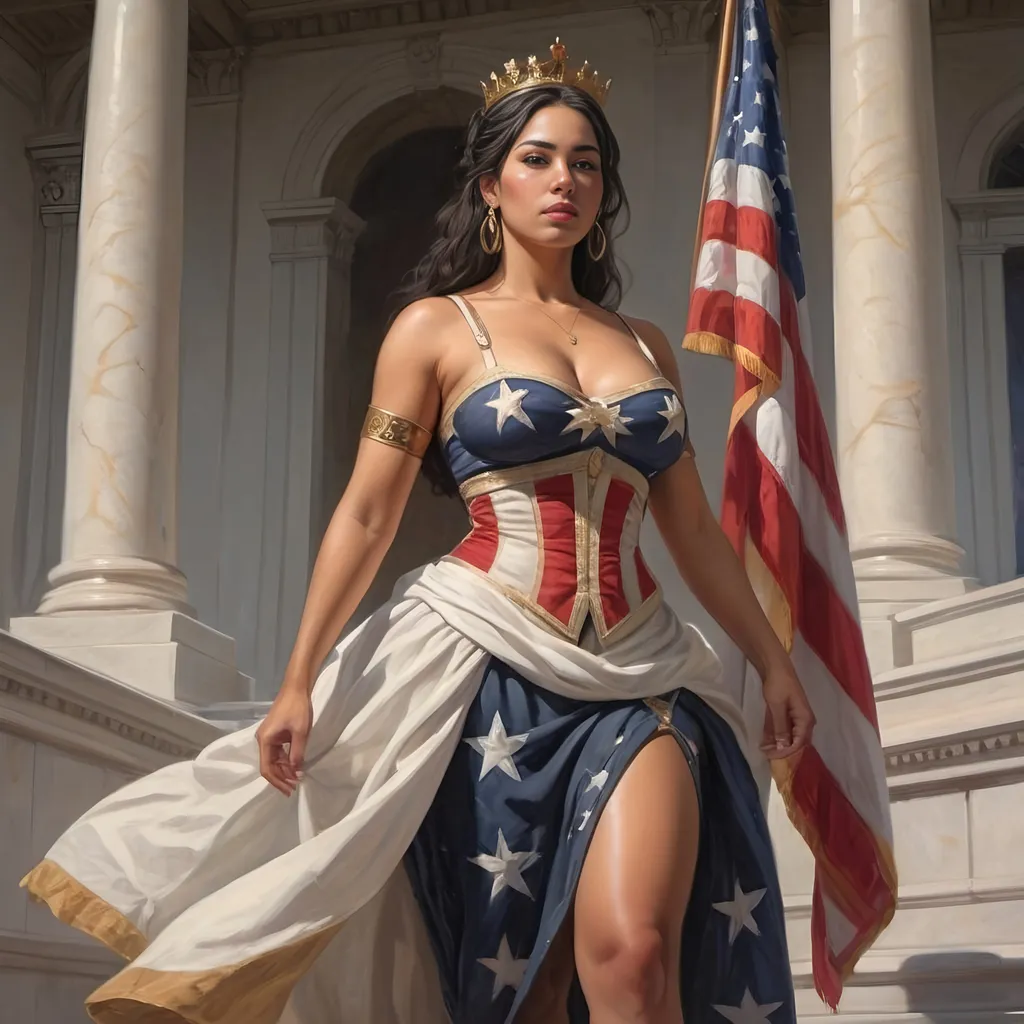 Prompt: full body portrait of Latina goddess with light skin, fit and thick figure, realistic painting, soft natural lighting, high quality, realistic, detailed, civil war, queen clothes, flag bearer, U.S. capitol, War, 