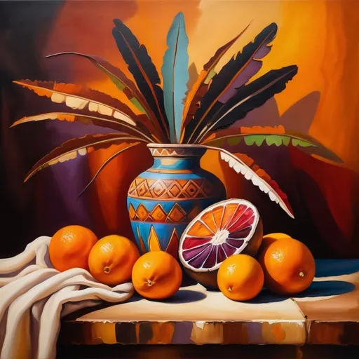 Prompt: simple bohemian still life, oil painting on canvas, highres, warm tones, strong composition, whimsical, boho vibe, atmospheric lighting, rich colors, high contrast