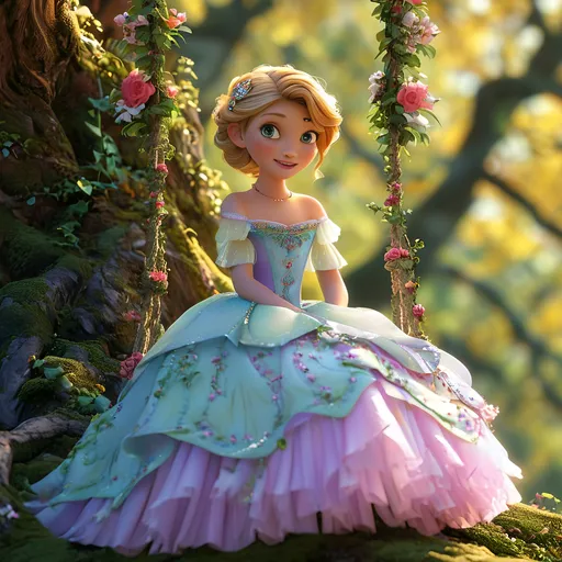 Prompt: (vivid pixar princess, age ten), wearing an (elegant ballgown and dainty accessories), cheekily grinning, seated on a (tree swing) under a (large, lush tree), emitting a (boho aesthetic), capturing a (dreamy, ethereal vibe), accented with (texture play) and (light play), featuring a (smooth and refined) presentation, in ultra-detailed 4K quality.