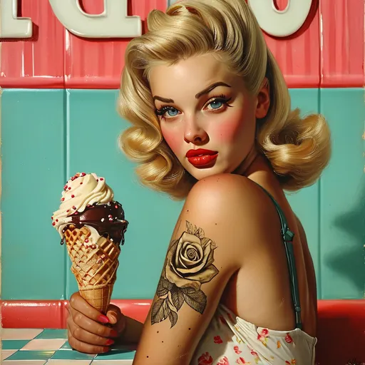 Prompt: (airbrushed oil painting), (Gil Elvgren style), pretty gothic bohemian woman, (realistically textured hair and skin), looking over her shoulder, casually confident pose, rose tattoo on upper arm, vintage 1950's ice cream parlor, one hand on table, holding a waffle cone with vanilla ice cream, colorful sprinkles, soulful eyes, flirtatious smirk, (vivid colors), (highly detailed)