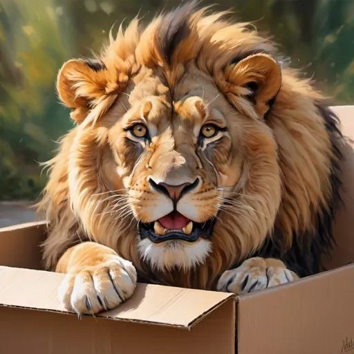 Prompt: Detailed, expressive illustration of a playful lion, warm and vibrant colors, traditional digital painting, lively and joyful atmosphere, thick brushstrokes, high quality, detailed fur, adorable expression, playing in a cardboard box, heartwarming, traditional art, playful, vibrant colors, lively atmosphere, thick brushstrokes, joyous scene, high quality