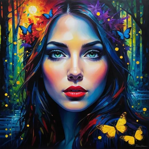 Prompt: A captivating abstract portrait of a woman's face that artfully blends her features with a nighttime forest landscape filled with fireflies.The eyes, nose, and lips stand out in vivid contrast to the surrounding colors, creating a mesmerizing interplay of deep blues, purples, and vibrant hues of red, green, and yellow. The silhouette of the face, with its intense and evocative mood, is enhanced by the dynamic, chaotic environment in the background. This masterful piece combines elements of wildlife photography, illustration, painting, and conceptual art, evoking a powerful sense of emotion and passion., conceptual art, graffiti, wildlife photography, dark fantasy, painting, vibrant, illustration
