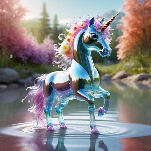 Prompt: cgi fantasy, transparent, highly reflective whimsical, friendly, lively unicorn made of flowing glass with blooms of color, gleefully dancing in a puddle of water amidst a lakeside setting. It has large, expressive glassy eyes and and flowing mane and tail. The unicorn's flowing hair gives it a sense of movement and energy. background in soft focus, airy, vibrant, evocative