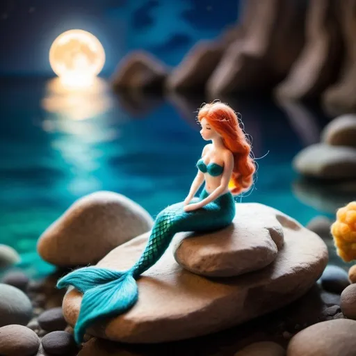 Prompt: colorful macro photo, splitlevel ocean view, adorable realistic needle-felted mermaid relaxing on a rock looking at her reflection in the still cerulean water on a moonlit night. whimsical, girly, boho flair, seascape, shimmerscape