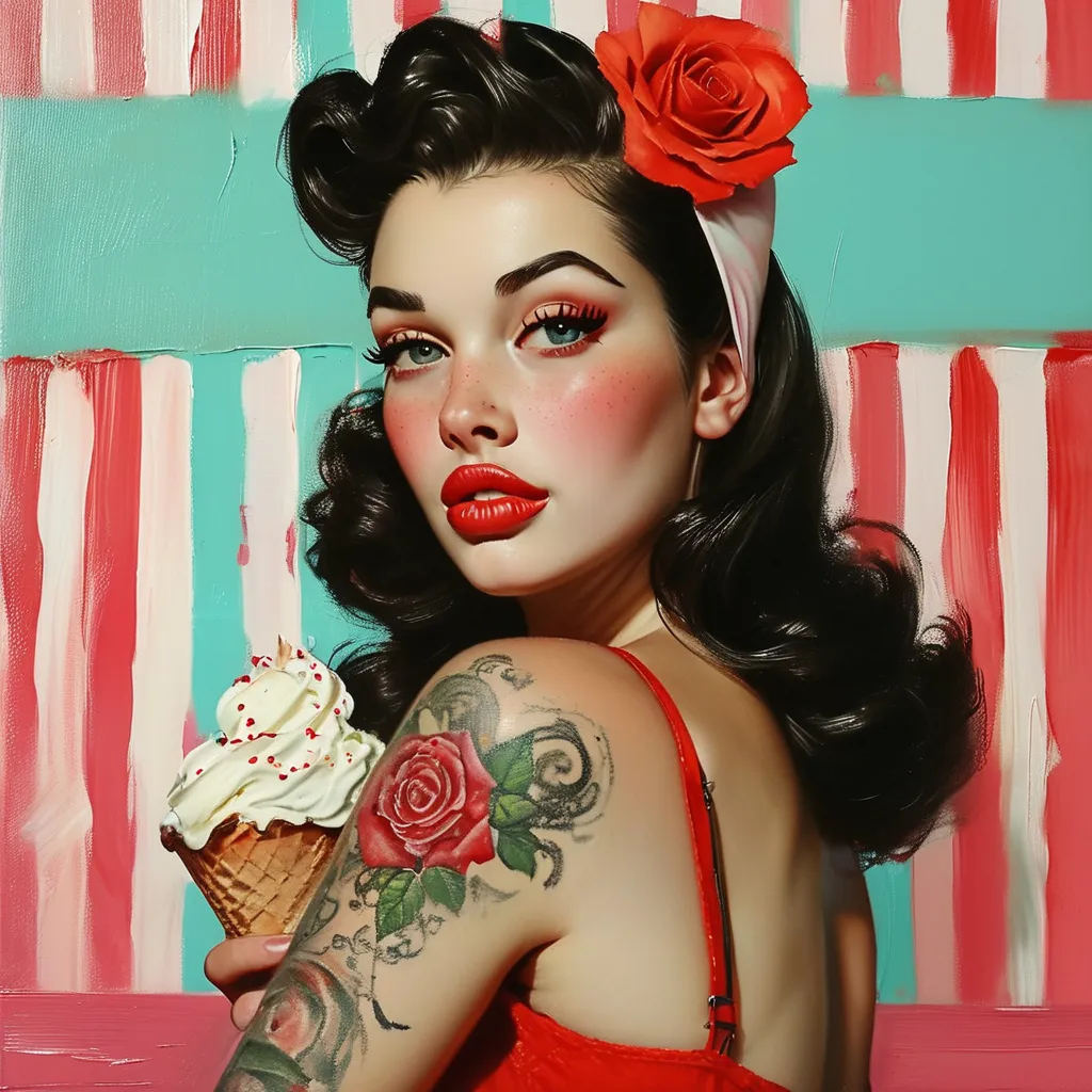 Prompt: (airbrushed oil painting), (Gil Elvgren style), pretty gothic bohemian woman, (realistically textured hair and skin), looking over her shoulder, casually confident pose, rose tattoo on upper arm, vintage 1950's ice cream parlor, one hand on table, holding a waffle cone with vanilla ice cream, colorful sprinkles, soulful eyes, flirtatious smirk, (vivid colors), (highly detailed)