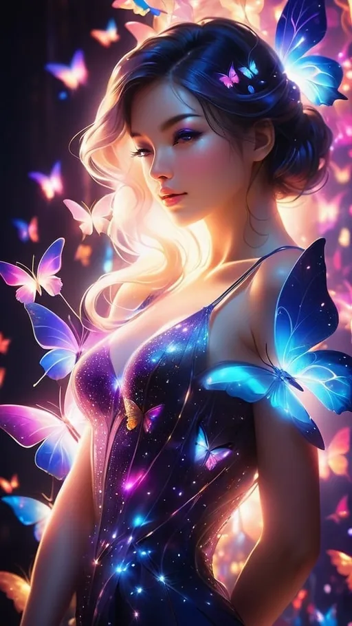 Prompt: A stunning, high-resolution neon-lit portrait of a female figure, illuminated by a vibrant and ethereal glow. The woman is posed in a graceful profile view, with her figure highlighted by a backlit effect. Multicolored neon butterflies dance around her, adding a touch of whimsy and depth to the scene. The background is a dark, deep indigo, allowing the luminescent colors and shimmering accents to truly stand out. The image exudes a cinematic quality, with glitter and sparkles enhancing the overall glowing effect and creating a mesmerizing, dreamlike atmosphere.