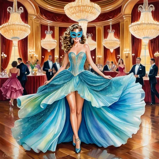 Prompt: embossed enamel whimsical petite adult fashionable lady with realistic features and cascading hair wearing a flowing gown, stilettoes, and a glittery mask in an endearing pose in an elegant ballroom, lit from within, midsize average shape. playful, colorful, dynamic, full frame colorful wet on wet watercolor ballroom, use rules of composition and color theory