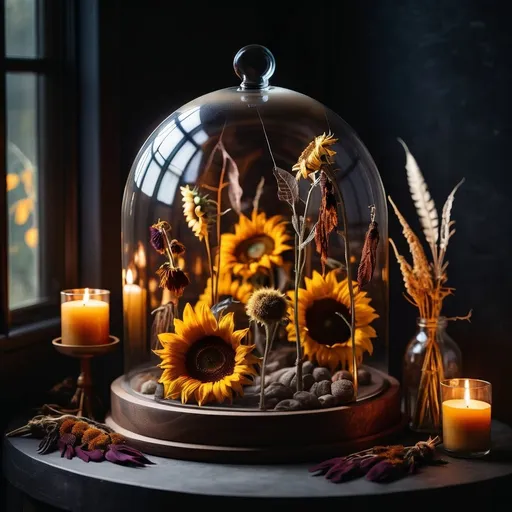 Prompt: Realistic still life with glass dome, moody lighting, rich colors, studio quality, boho vibes, dried flowers under glass, dreamcatcher, lit candles, high contrast, atmospheric lighting, sunflowers, detailed glass, professional, vibrant colors, dreamy atmosphere, simple composition, minimalist