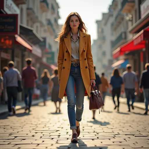 Prompt: Tall young woman walking down the high street, detailed clothing, realistic, natural lighting