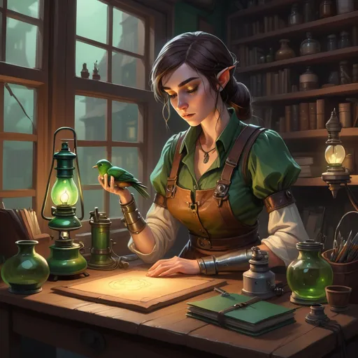 Prompt: a half elf artificer woman wearing a green shirt and leather apron working on a gadget on her desk with a window behind her looking at her work with her bird and an unlit kerosene lamp on different corners of her desk