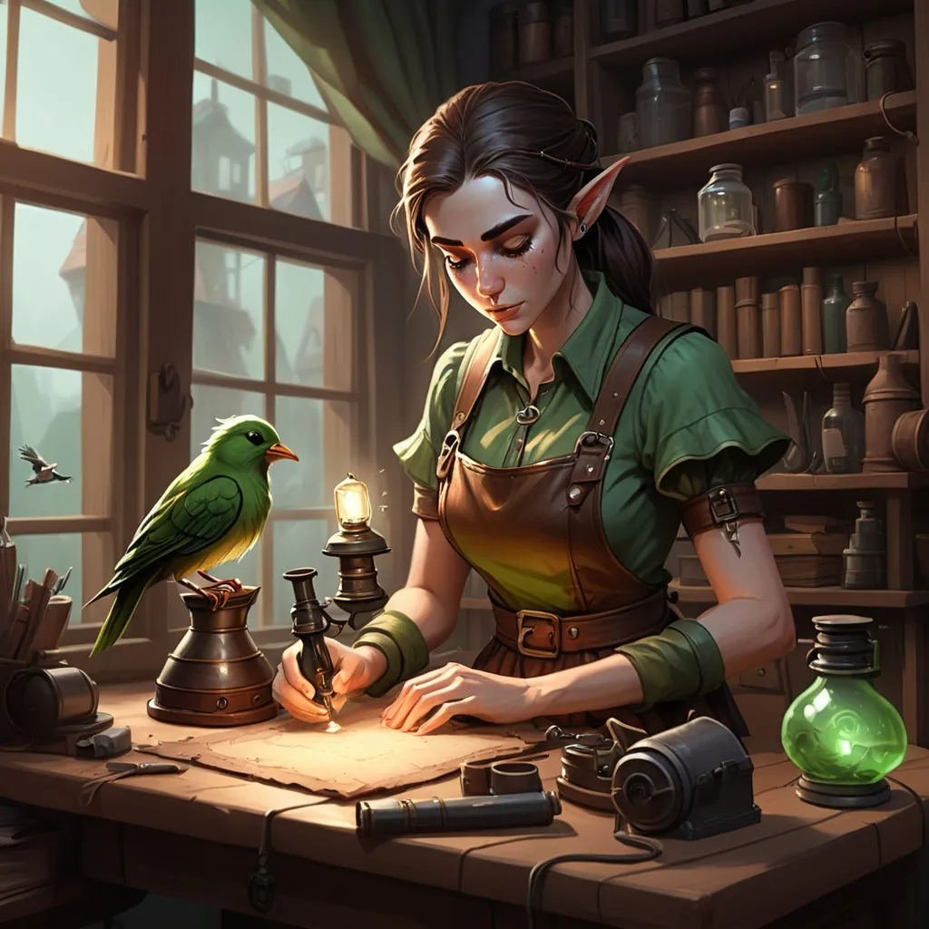 Prompt: a half elf artificer woman wearing a green shirt and leather apron working on a gadget on her desk with a window behind her looking at her work with her bird and an unlit kerosene lamp on different corners of her desk