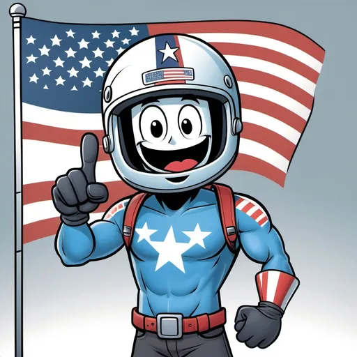 Prompt: a cartoon character wearing a helmet with the word ICE and holding an american flag in his hand and smiling at the camera with his hand up, Brian Snøddy, underground comix, ice, concept art