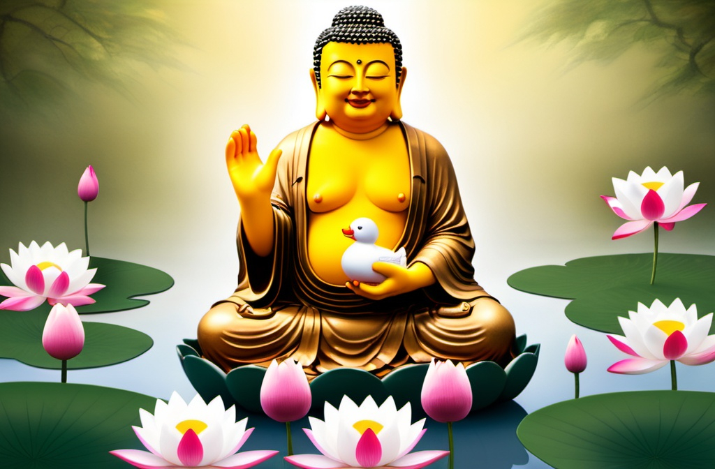 Prompt: An image that is a recreation of the Flower Sermon with the Buddha holding up a rubber duck instead of a lotus flower.