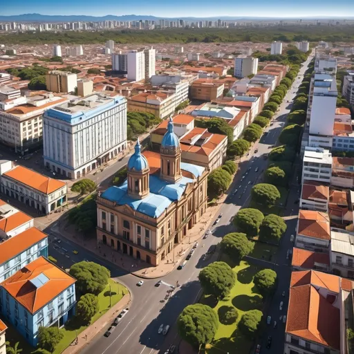 Prompt: (northern Paraná cityscape), vibrant city life, colorful buildings, lush green parks, and friendly streets, warm sunlight casting gentle shadows, modern architecture merged with historical elements, bustling activity with people interacting, rich cultural atmosphere, clear blue sky, detailed urban features, (high definition) representation, (cosmopolitan) vibe.