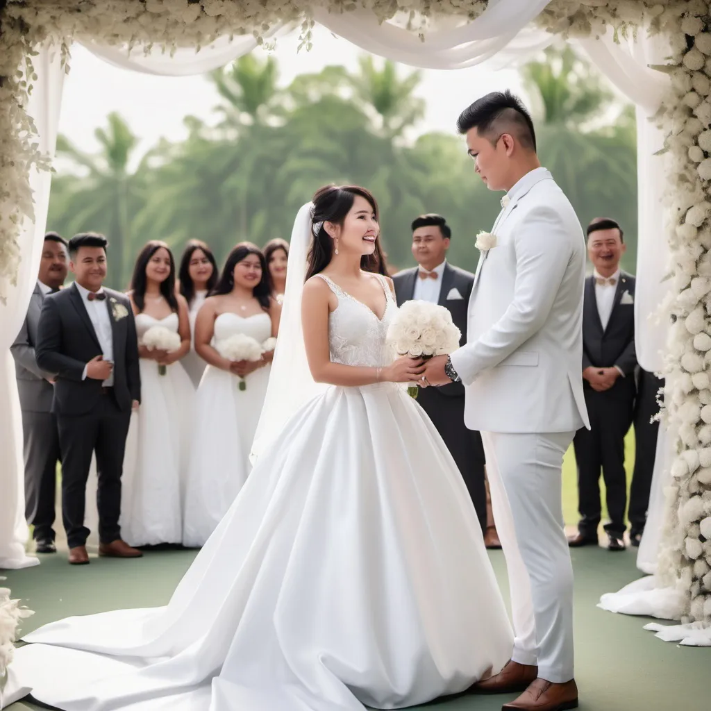 Prompt: A beautiful shot of the wedding with groom White gown for the bride 