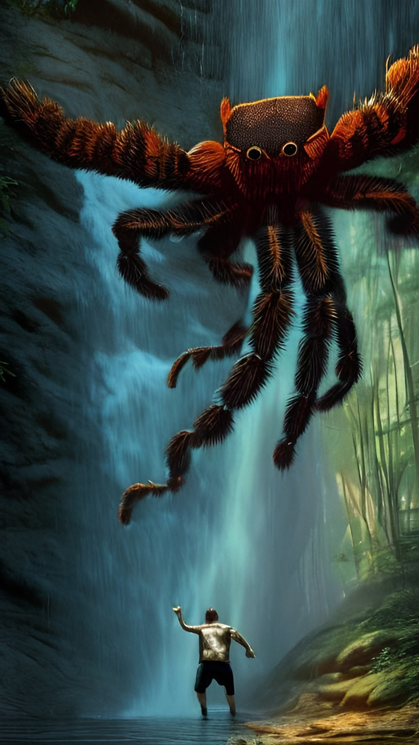 Prompt: feet of giant tarantula in the top of water fall forrest a man jump in waterfall dark