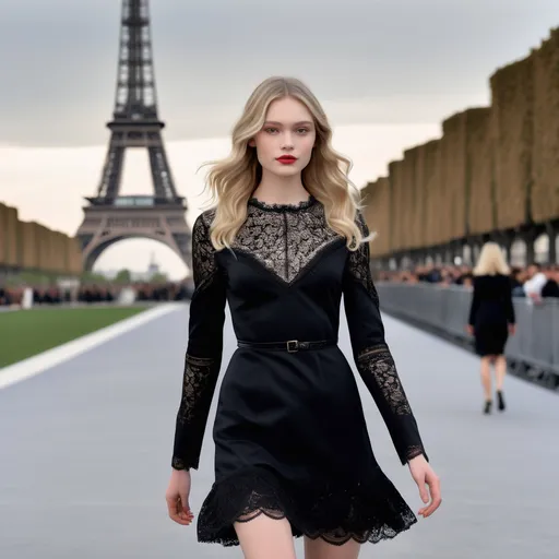 Prompt: A chic 20-year-old female model with porcelain skin, high cheekbones, and blonde hair styled in soft waves, wearing a classic little black dress with long sleeves and subtle lace accents, walking down a runway. The runway features a Parisian backdrop with the Eiffel Tower sparkling in the distance. She walks gracefully, embodying timeless French elegance. --ar 9:16 --stylize 450 --v 6.1