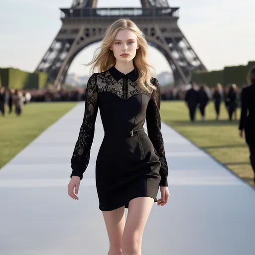 Prompt: A chic 20-year-old female model with porcelain skin, high cheekbones, and blonde hair styled in soft waves, wearing a classic little black dress with long sleeves and subtle lace accents, walking down a runway. The runway features a Parisian backdrop with the Eiffel Tower sparkling in the distance. She walks gracefully, embodying timeless French elegance. --ar 9:16 --stylize 450 --v 6.1