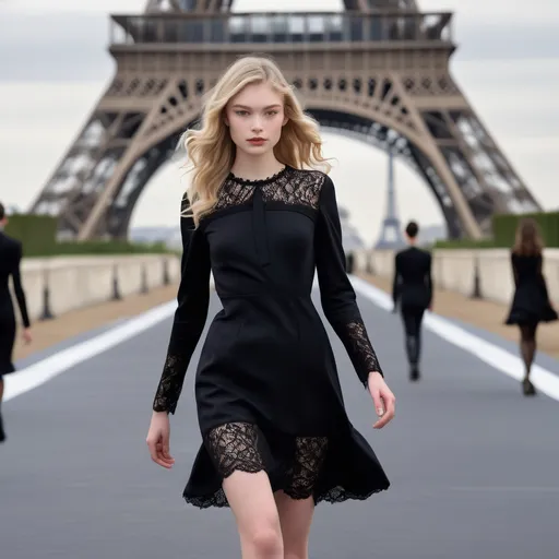 Prompt: A chic 20-year-old female model with porcelain skin, high cheekbones, and blonde hair styled in soft waves, wearing a classic little black dress with long sleeves and subtle lace accents, walking down a runway. The runway features a Parisian backdrop with the Eiffel Tower sparkling in the distance. She walks gracefully, embodying timeless French elegance. --ar 9:16 --stylize 450 --v 6.1