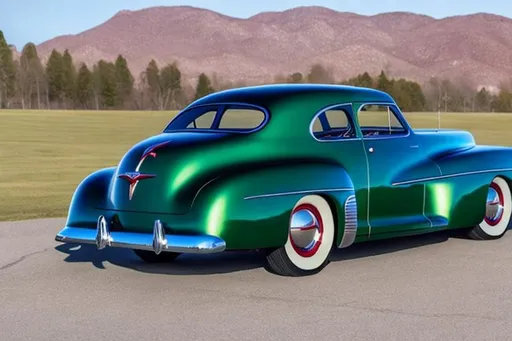 Prompt: Show me a car based on the 1948 Tucker, using styling cues from 2023. The car must have 3 headlights  and a rear engine. It should be designed for a 2023 market