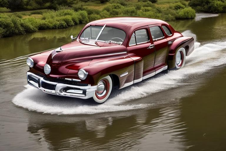Prompt: Show me a car based on the 1948 Tucker, add styling cues from 2023. The car must have 3 headlights  and a rear engine 