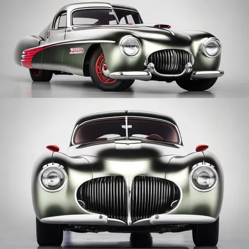 Prompt: Show me a show car based on the 1948 Tucker torpedo and Tucker 48. The car must have 3 headlights.  Make it in light metallic blue. Show me the car from the front quarter view. The car should be on a platform at an auto show with large red letters spelling out "TUCKER". Set the image in 1955